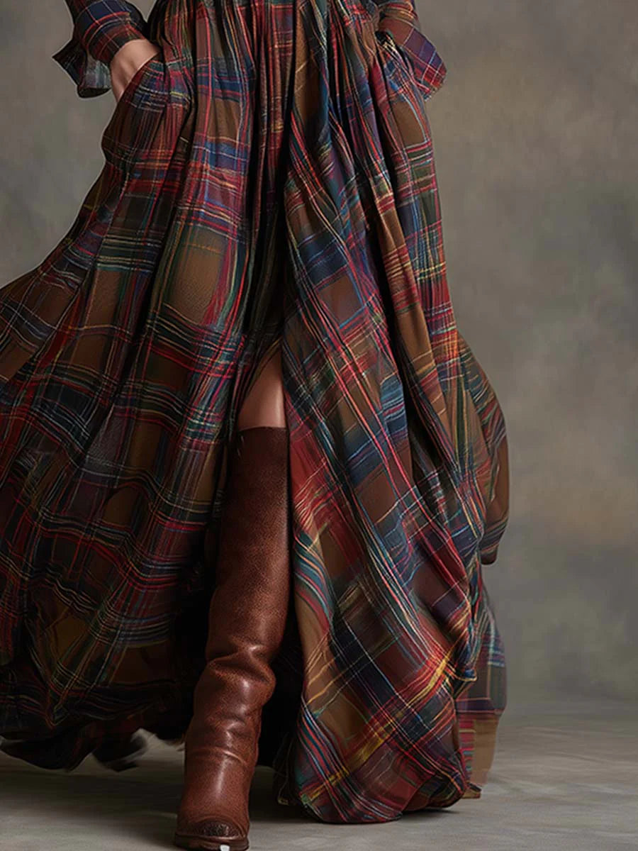 Béatrice- Robe longue à carreaux avec ceinture