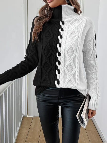 LEOVIA | Elegancki Sweter w Paski z Wysokim Kołnierzem