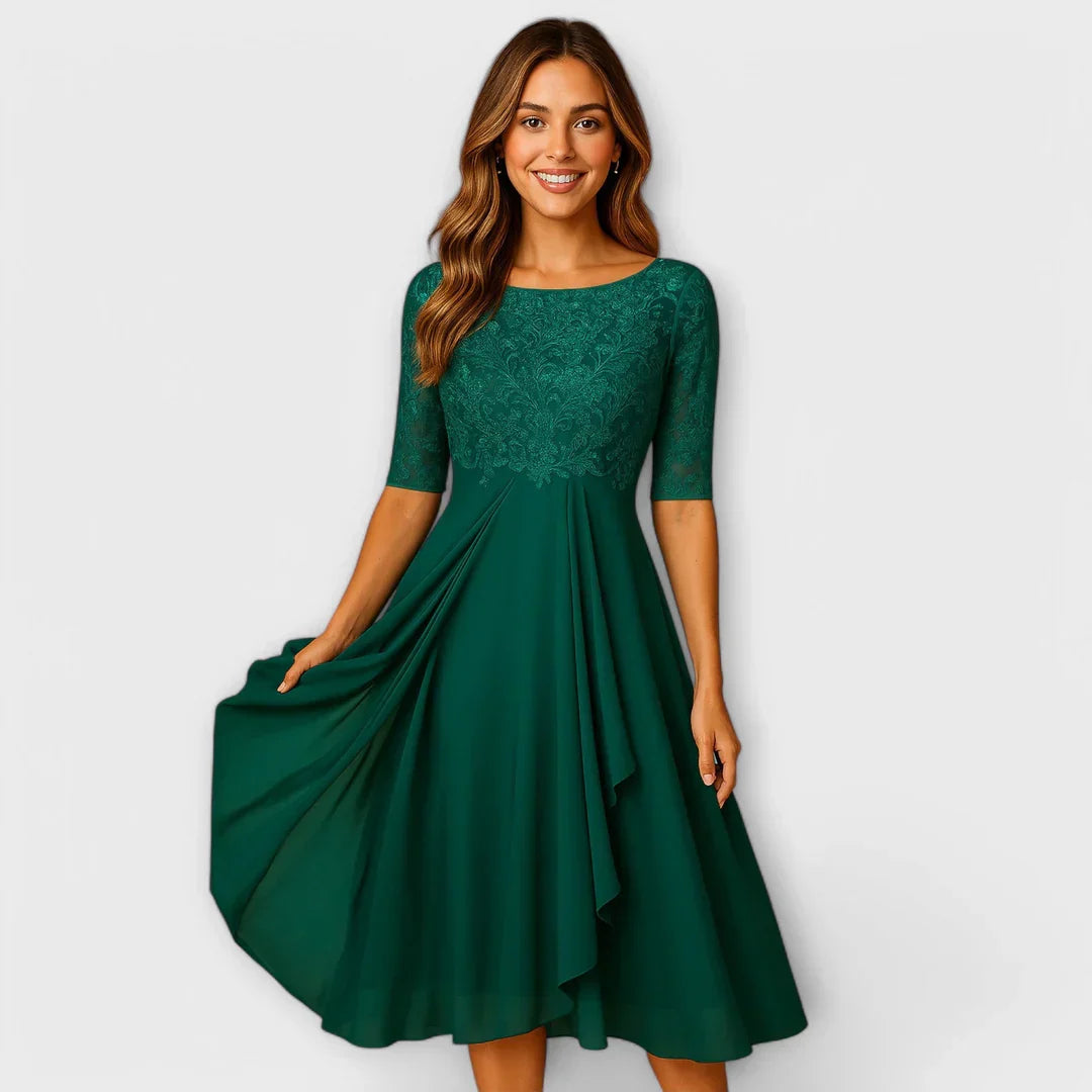 Jacinthe – Robe midi élégante à manches en dentelle
