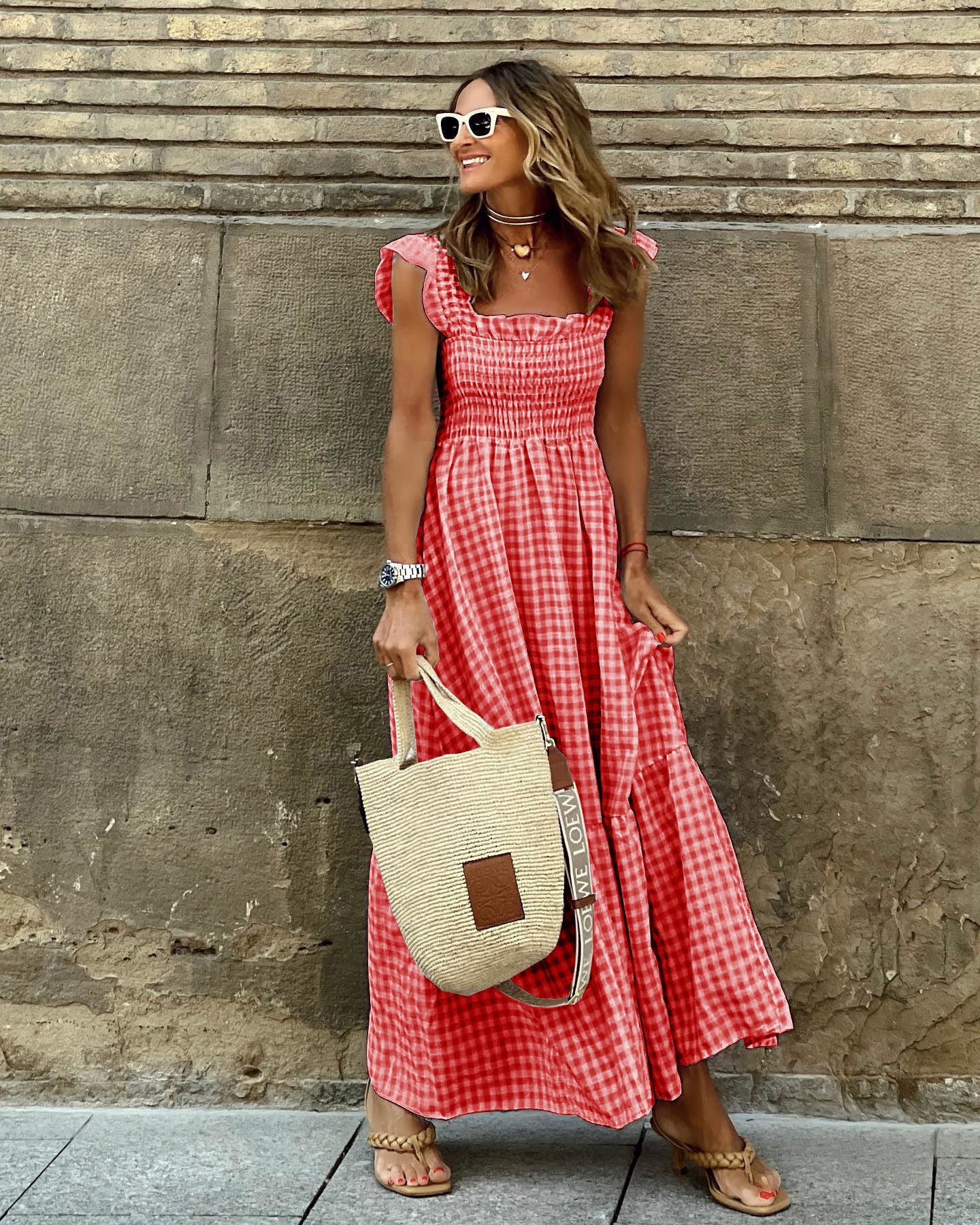 NANCY™ - Robe Smockée à Carreaux Chic Rétro