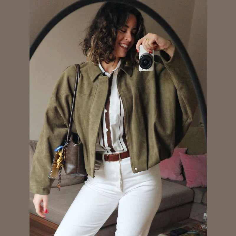 Freya™ | Kvinne Cropped Suede Bomberjakke