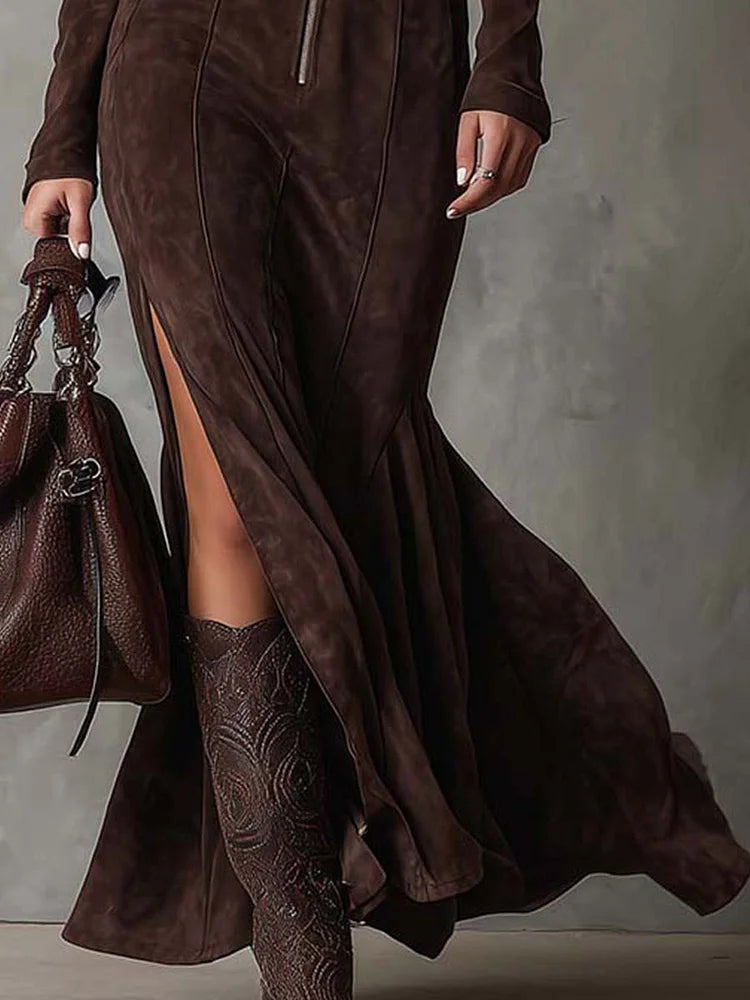 Marseille - Robe longue marron avec ceinture